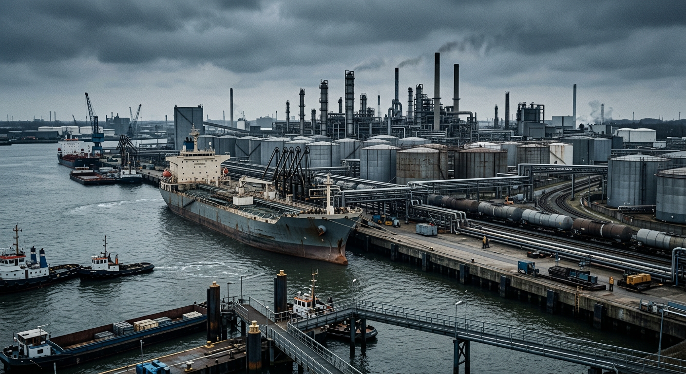 Illustrative industrial scene accompanying coverage of Hormuz Blockade and Rhine Lows Re-Inject Volatility Into Fuel Oil Markets