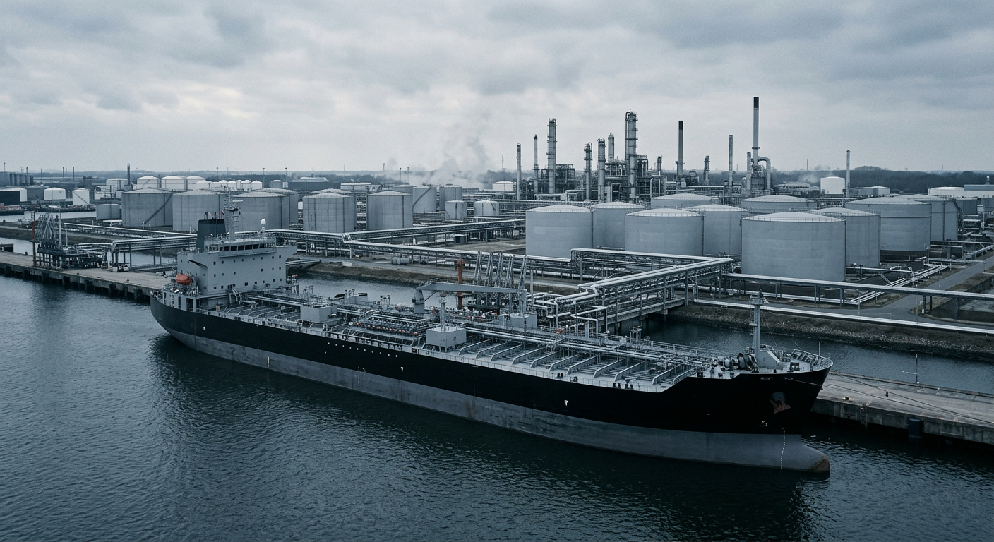 Illustrative industrial scene accompanying coverage of Alkagesta Secures ISCC CORSIA Certification to Trade and Supply Sustainable Aviation Fuel